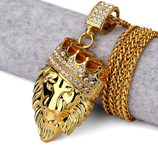 Hip Hop Animal Lion King Crown Pendant Necklace Man Steampunk Gold Color Alloy 75cm Chain Inlay Rhinestone Fashion Jewelry WE02