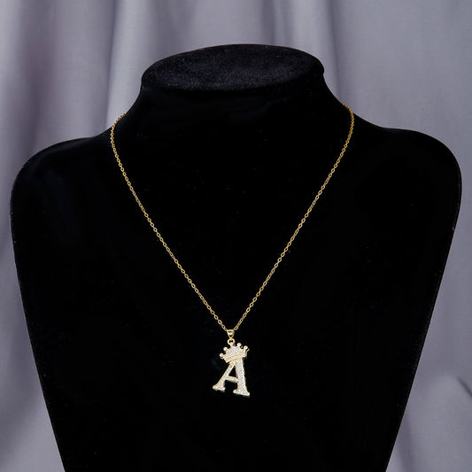 1PCS Fashionable Gold Diamond Crown Uppercase Letter Popular Pendant Necklace Suitable For Daily Use Festivals Parties Gifts Jewelry Set