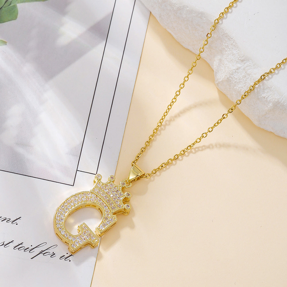 1PCS Fashionable Gold Diamond Crown Uppercase Letter Popular Pendant Necklace Suitable For Daily Use Festivals Parties Gifts Jewelry Set