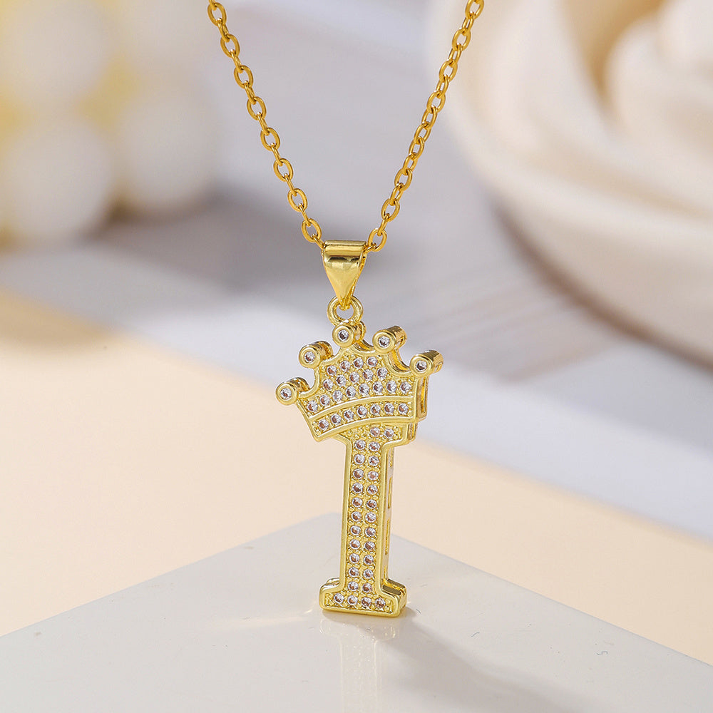 1PCS Fashionable Gold Diamond Crown Uppercase Letter Popular Pendant Necklace Suitable For Daily Use Festivals Parties Gifts Jewelry Set