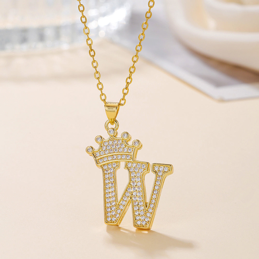 1PCS Fashionable Gold Diamond Crown Uppercase Letter Popular Pendant Necklace Suitable For Daily Use Festivals Parties Gifts Jewelry Set